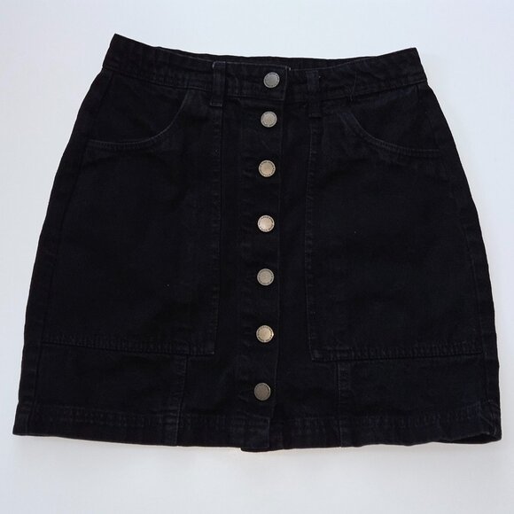Stradivarius Black Denim Short Skirt Mini Jean USA Sz 6 Buttons Down Front READ - Picture 1 of 9